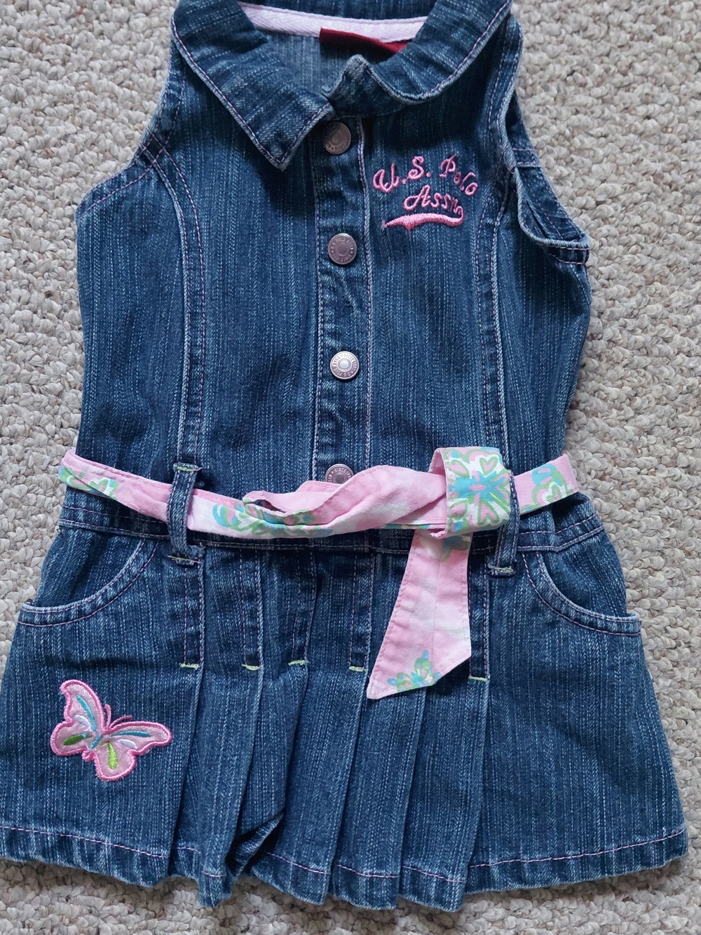 U.S. Polo Assn. Girls Denim Romper Dress with Pink Belt
